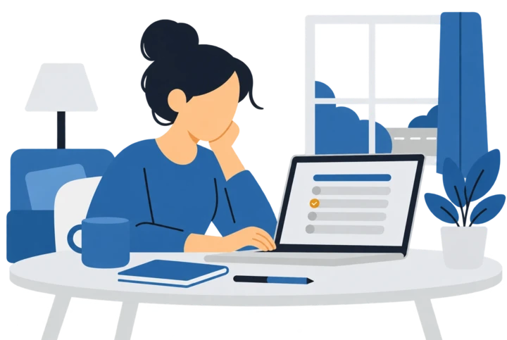 A learner at a laptop answering a practice question, with a road outside the window